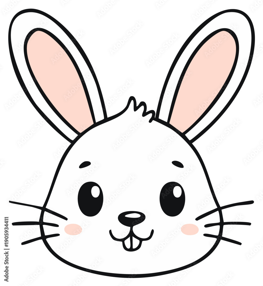 Obraz premium Cute cartoon white rabbit head with long ears and happy smiling expression