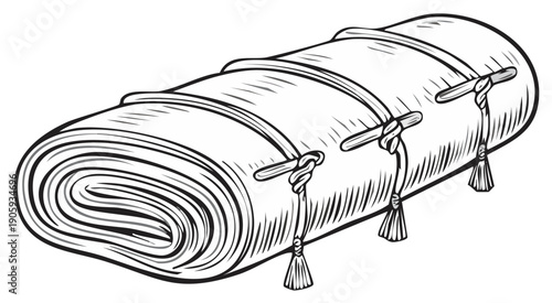 Rolled up sleeping bag with ties and tassels, line art illustration