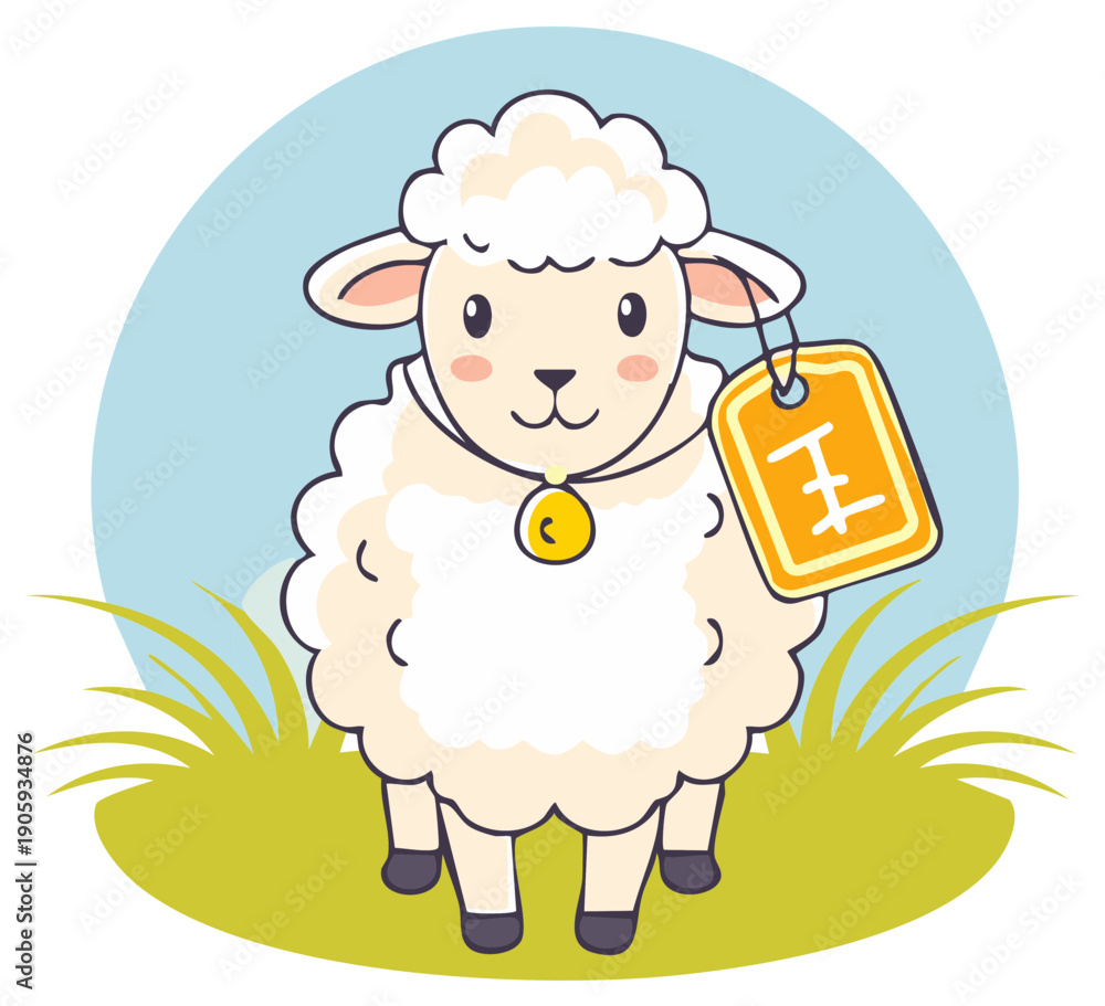 Fototapeta premium Adorable fluffy sheep illustration with a golden bell and orange tag on green grass