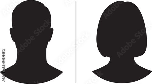 Two black silhouette profiles of a man and a woman facing opposite directions separated by a vertical line also transparent background