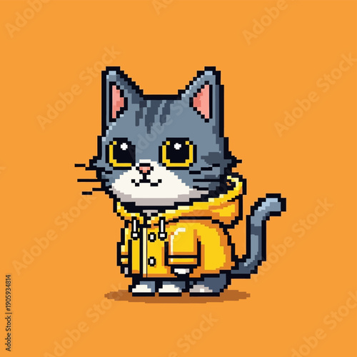 Pixel Art Gray Cat Wearing Jacket.
