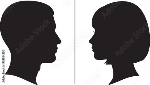 Two black silhouette profiles of a man and a woman facing each other separated by a vertical line also transparent background