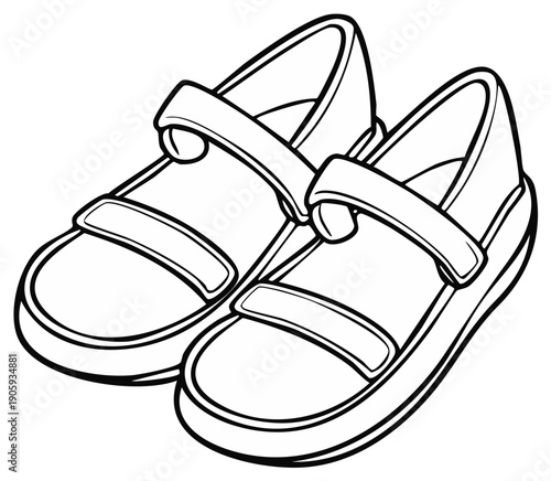 Black and white outline drawing of a pair of children's summer sandals