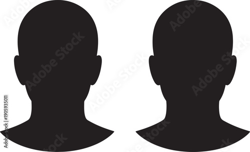 Two black silhouette profiles of bald heads facing opposite directions on white background also transparent background
