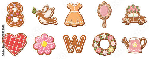 A set of gingerbread cookies in various shapes for International Women's Day, March 8, for cards, gift wrapping, and holiday design.