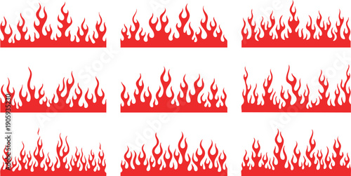 Collection of nine red flame border in a three by three grid on white background