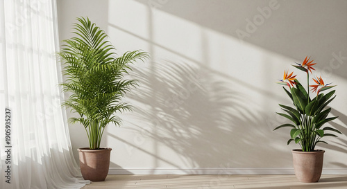 Interior with two potted plants and a bright white wall, soft light and shadow pattern. It represents calm, domesticity and a natural aesthetic. Free space.