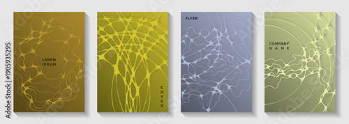 Biotechnology and neuroscience vector covers with neuron cells structure. Crossed curve lines blend textures. Stylish notebook vector layouts. Neurology scientific covers.