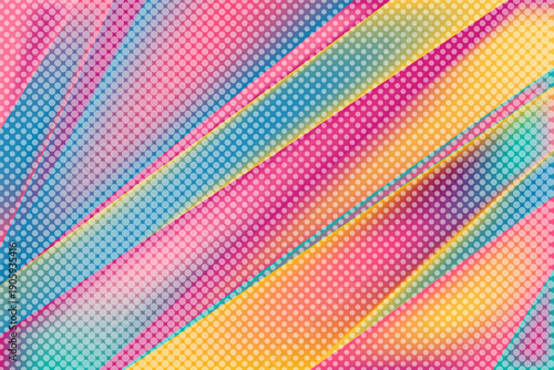 Halftone circles texture over diagonal stripes stylish vector design. Pop art vibe with dotted comic influence. Dynamic abstract template for digital use. Abstract diagonal layers in motion.