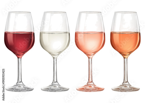 Four wine glasses filled with different shades of red white and rose wine isolated on a transparent background