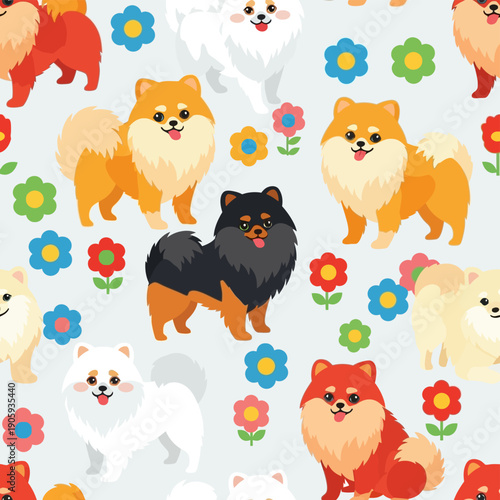 Pomeranian Dogs Pattern with Flowers.