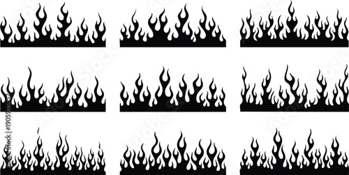 Collection of nine black flame border in a three by three grid on white background