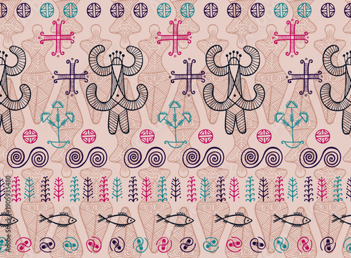 Pagan goddess copper age culture endless ornament. Simple ukrainian folkloric motif. Naive slavic heritage fertility archetype silhouette. Clay ceramic engraving.