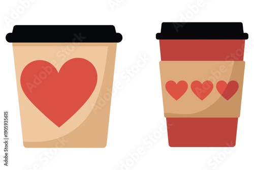 Romantic coffee cups with heart for Valentine’s Day, cute takeaway tea mugs with love hearts, vector illustrations for romantic beverages, cafe branding, holiday graphics, and social media projects.
