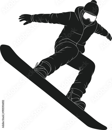 Snowboarder jumping silhouette illustration, extreme winter sport athlete performing aerial trick, snowboarding action isolated white background vector design graphic artwork