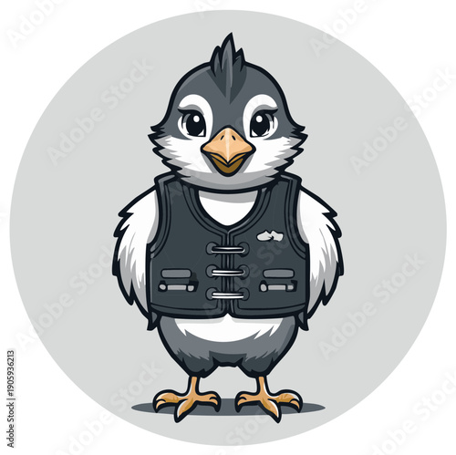Adorable cartoon bird wearing a waistcoat stands with confidence in front of a neutral gray circle background, playful vector illustration