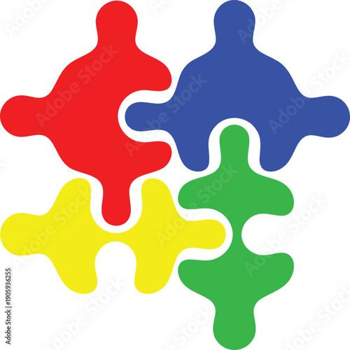 Interconnected puzzle pieces in red blue green and yellow