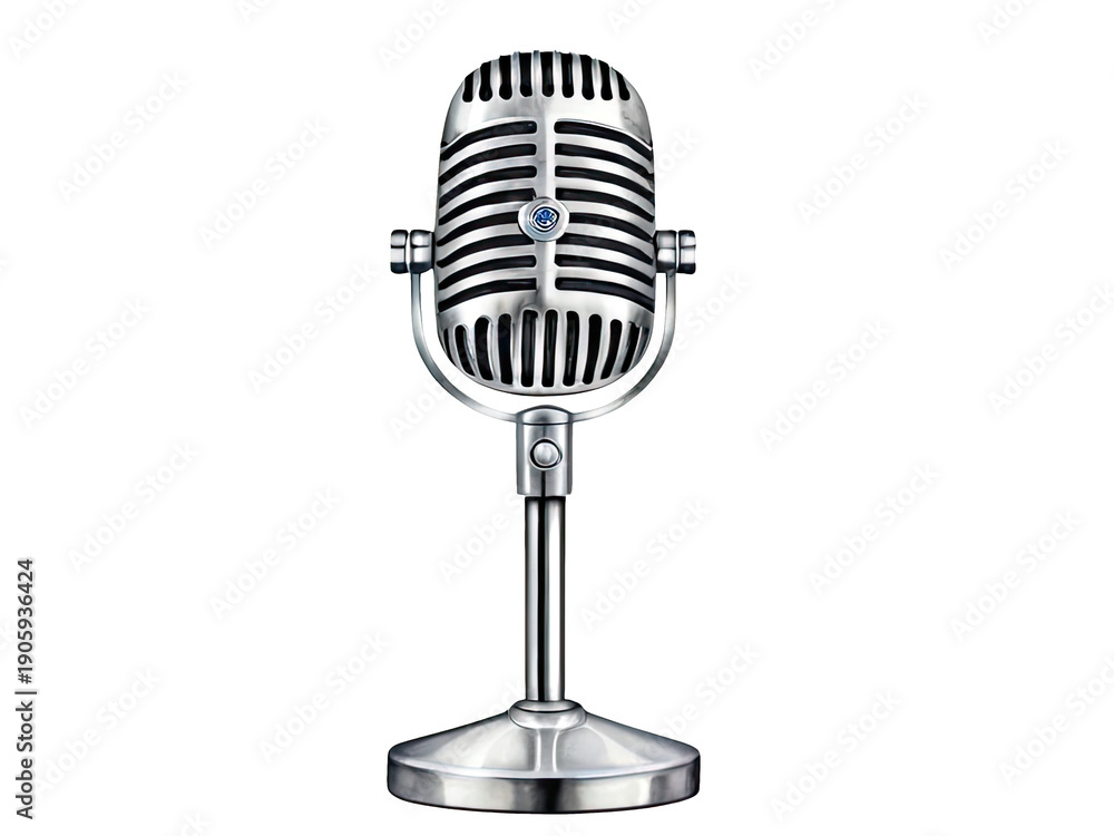 Fototapeta premium A silver microphone on a stand against a clean white background