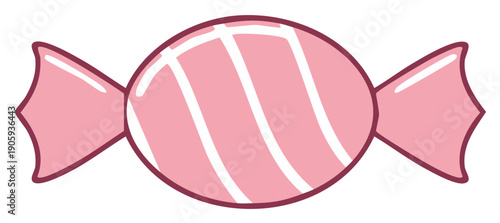 Pink candy with stripes, wrapped confectionery, cartoon illustration, sweet treat for kids, single object
