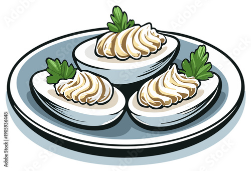 Deviled Eggs on a Plate with Parsley Garnishes Traditional Appetizer for Parties Celebrations Homemade Ready to Eat