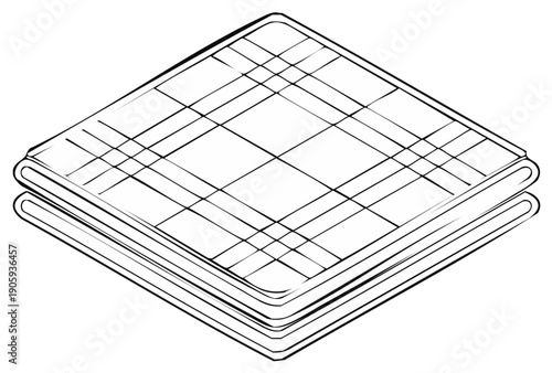 Isometric illustration of neatly folded square textile with checkered pattern, black and white line art of stack of handkerchiefs