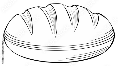 Bread loaf illustration, fresh baked bread with sliced crust, black and white.