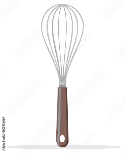 Kitchen whisk illustration, metal wire whisk with brown handle