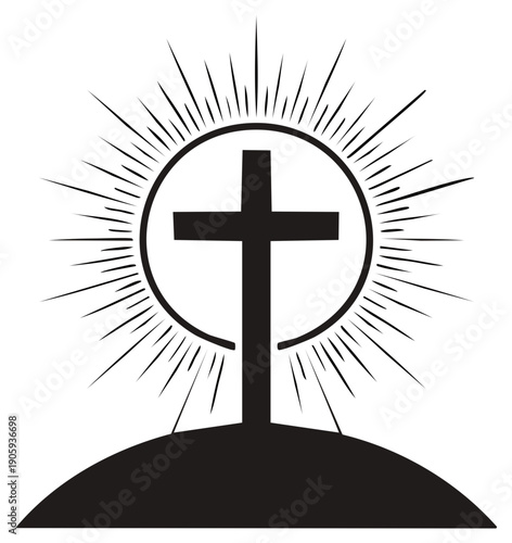 Silhouette of a cross on a hill with a radiant sunburst design