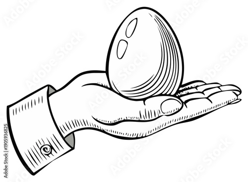Human hand gently cradling a delicate egg in a clean black and white line art illustration