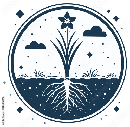 Stylized illustration of a blooming flower with deep roots underground and clouds in a starry sky