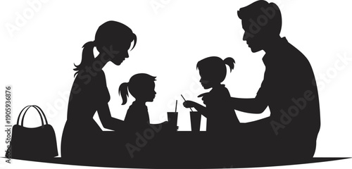 Family picnic silhouette illustration, parents and children sitting together drinking beverages, loving parenthood lifestyle moment isolated white background vector design