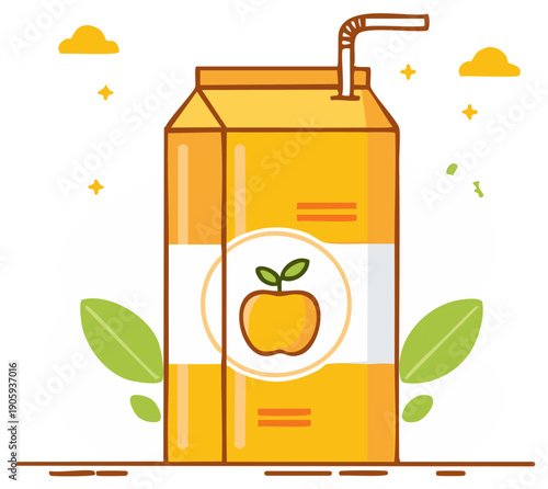 Vibrant Yellow Apple Juice Carton with Straw and Fresh Green Leaf Elements Outline Vector Illustration