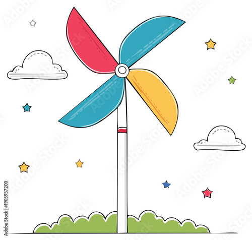 Hand drawn colorful pinwheel spinning on green grass with white clouds and twinkling stars in a playful whimsical style