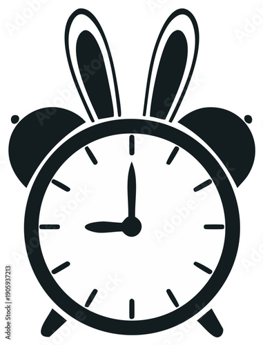 Minimalist graphic of an alarm clock with whimsical rabbit ears, symbolizing spring, Easter, or a playful time concept.