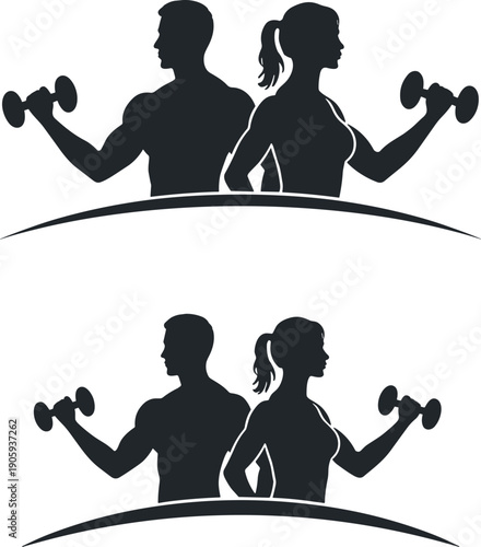 Fitness training exercises for men and women with dumbbells strength