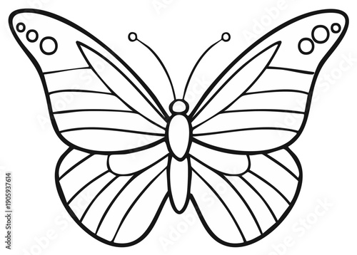 Simple outline drawing of a butterfly with detailed wings and antennae, isolated on white background