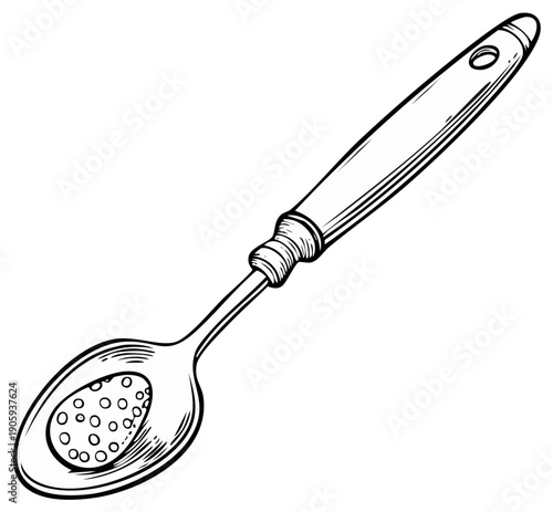 Sketch illustration of a skimmer kitchen utensil with a long handle and small holes