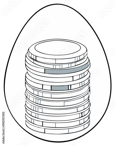 Outlined stack of coins inside an egg shape shows savings or investments