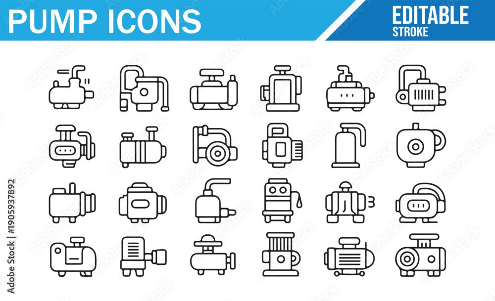 Fototapeta premium Editable Stroke Vector Line Art of Various Pump Types and Compressors