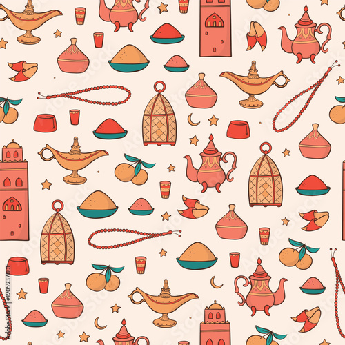 Moroccan style doodles seamless pattern with lanterns, tea, tagine and religious accessories for wallpaper, textile prints, backgrounds, banners, wrapping paper, stationery, packaging, etc. EPS 10