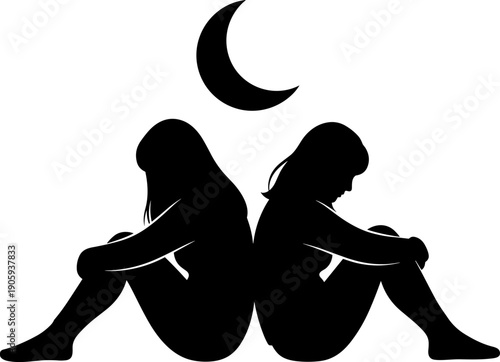 Depressed Couple Sitting Back to Back Under Crescent Moon Silhouette Representing Loneliness, Emotional Distance and Mental Health Awareness Concept