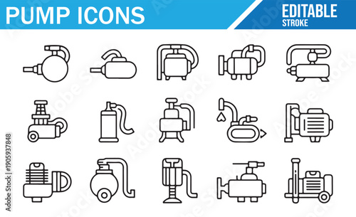 Assorted Pump and Machinery Icons, Line Style Vector Collection
