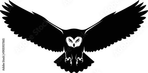 Detailed Flying Owl Silhouette with Spread Wings and Sharp Talons Isolated on White Background Black Vector Illustration