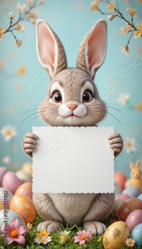 Adorable Easter bunny holding a blank sign surrounded by colorful eggs and spring flowers.