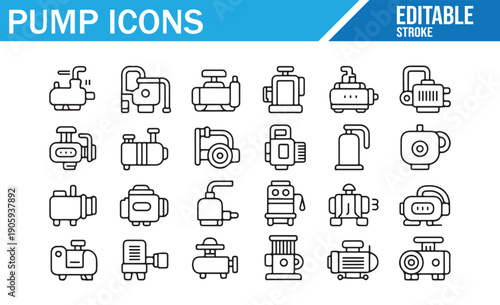 Editable Stroke Vector Line Art of Various Pump Types and Compressors