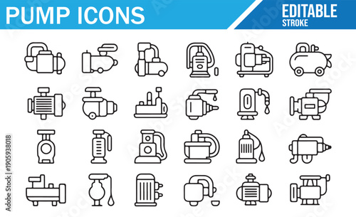 Pump Icons Line Art Vector Set with Editable Stroke for Industrial Design