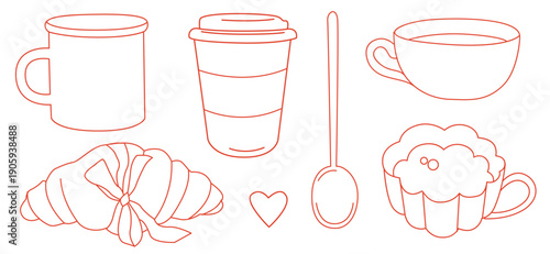 Hand-drawn illustrations of coffee cups and spoon, croissant with a bow and takeaway coffee cup in modern line art style