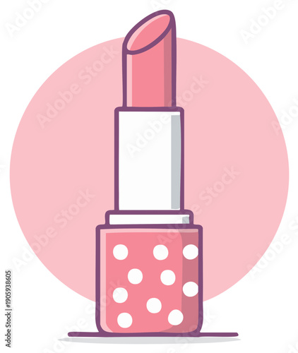 Cute cartoon pink lipstick icon with a polka dot pattern case vector illustration