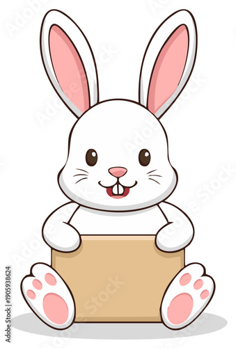 Cute white cartoon rabbit holding blank sign for message or advertisement