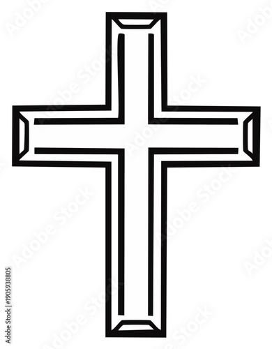 Black lined religious cross symbol on a plain white background representing christianity faith and worship featuring the cross shape